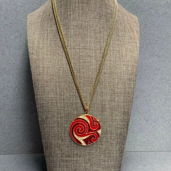 Swirl Round Pendant Necklace 18 In Red Enamel Rhinestone Gold Double Chain Retro - Picture 2 of 6